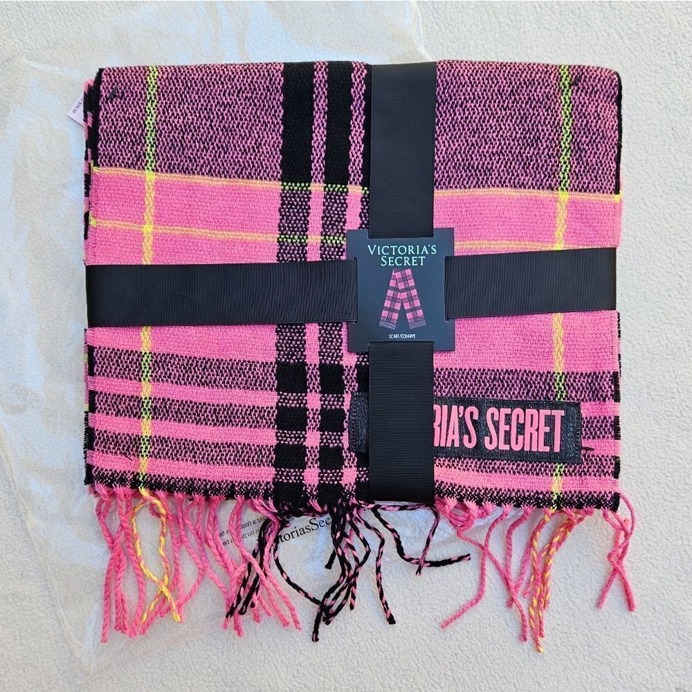 Victoria's Secret Pink Black and Yellow Plaid Fringe Scarf